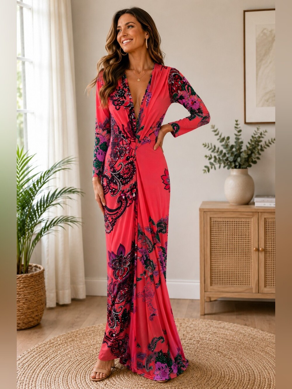 Stunning Coral Pink Paisley Maxi Dress See Listing For Measurements – Unbranded